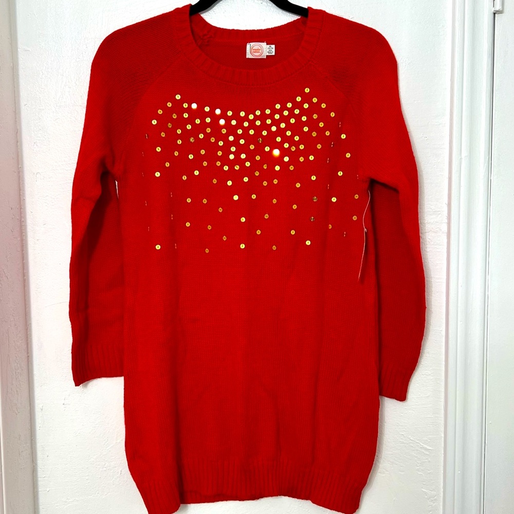Wonder Nation Holiday Sweater Dress w/ Gold Sequin Detailing, Red Size XL(14-16)